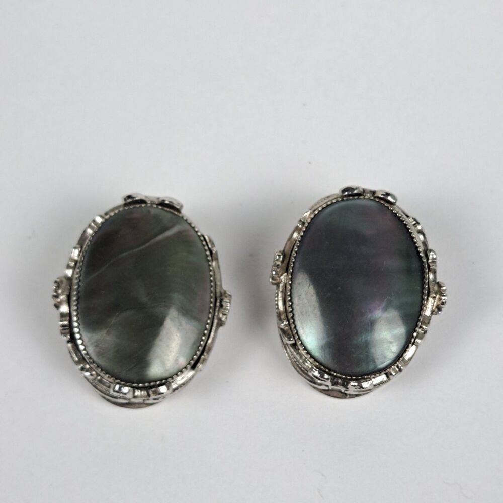 Whiting David Mother of Pearl Clip Earrings Silver Tone Oval Vintage Iridescent